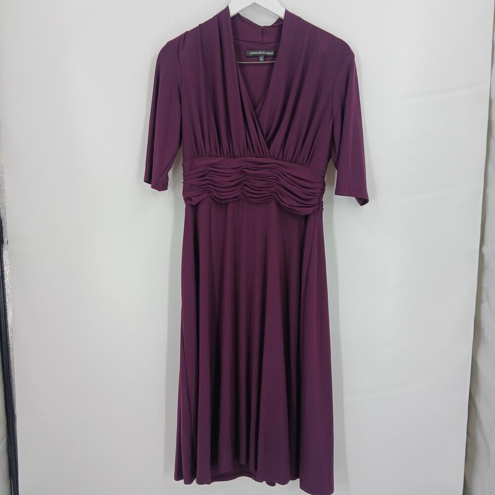 womans Jones Wear Dress Mauve Purple Short Sleeve Pleated Midi Dress Size 12